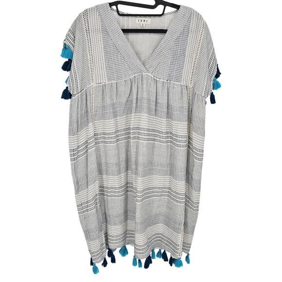 Anthropologie THML Blue White Boho Chic Shift Dress Tassel Striped V-Neck Medium - Picture 1 of 7